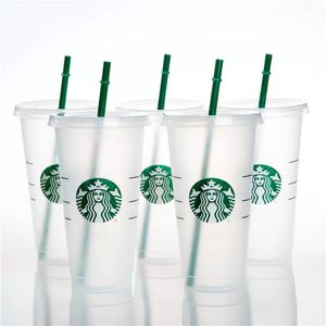 2022 Starbucks oz ml Plastic mokken Tumbler Mermaid Godin herbruikbaar helder drinkplatige bodem pilaar vorm deksel stro kopjes mok