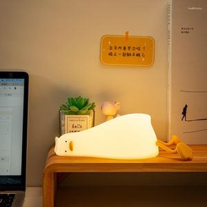 Nattljus Kreativa LED Lögn Flat Duck Silicone Light USB Laddning Bedsidan med Sleep Pat Dimning Atmosphere Table Lamp