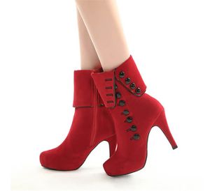 Botas de tornozelo europeu e americano camurça botão de salto alto botas de algodão vermelho para mulheres