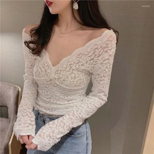 Women's Blouses Thin Sexy Mesh V-neck Lace Inner Bottoming Shirt Women's Spring Slim And Western Style Long-sleeved Top