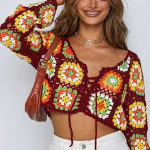 Women's T-Shirt Dourbesty Women Crochet Crop Tops Ethnic Style Tie-up Hollow Floral Pattern V-neck Long Sleeve Vintage Knitted Cover-up T-Shirts T220923