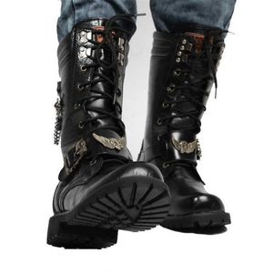 Stivali Moda Uomo Moto Cool Skull Combat Army Punk Goth Biker Scarpe in pelle High Top Casual Boot T221101