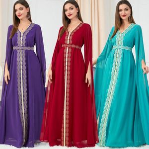 Etnik Giyim Dubai Arap Elbise Düğün Partisi Şifon Uzun Kollu Sonbahar Kadınlar Abaya V-Neck Kaftan Zarif Kadın