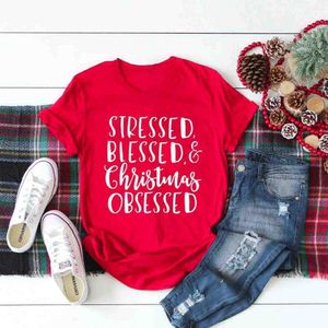 Stressed Blessed And Tops Christmas Obsessed T-shirt Women Fashion Slogan