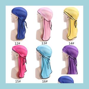 Acessórios para o cabelo Novos homens Men sólido Cabeça de cabeça Pirata pirata Silky Durag 17 Cores Longa cauda de cauda de cauda cetim Bandana Bandana Hair S Dh0yf