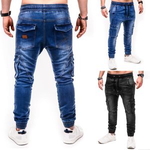 M￤ns magra jeans ryggs￤ck fickcykel jeans binda jogging casual blyertsbyxor