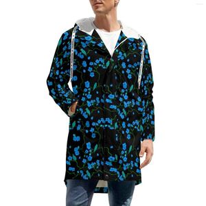 Men's Trench Coats Cute Birds Blue Flowers Print Streetwear Casual Winter Jackets Men Classic Design Big Size Zip Thick Windbreakers