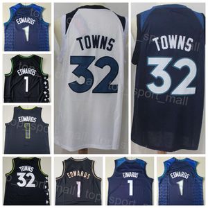 Erkekler Derneği Basketbol Anthony Edwards Jersey 1 Karl Anthony Towns 32 Tüm Dikişli Şehir Kazandı Klasik İfade İkonu Donanma Beyaz Siyah Takım Renk