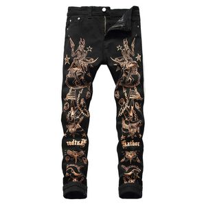 Jeans masculinos Sokotoo Men Slim 3D Print Jeans Fashion Beauty Flavel Skull pintado de calça de jeans preto T2221102