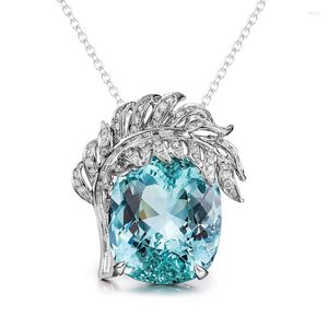 Pendant Necklaces RUZZALLATI Vintage Ladies Feather Topaz Gemstone Necklace Elegant Sea Blue Crystal Choker Sweater Chain