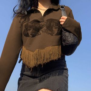 女性のTシャツHouzhou Y2KヴィンテージTシャツ女性Harajuku Long Sleeve Tassel Crop Top 90s美学ストリートウェアティーティーアニメプリントTシャツT220923