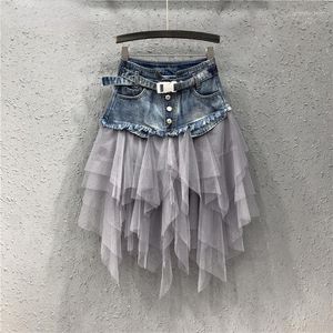 スカート2022夏の不規則なメッシュステッチデニムスカートレディースウエスタンスタイルのスリムAライン