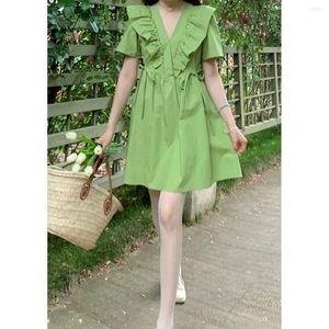Casual Dresses 2022 Summer Green Dress Female Lotus Leaf Temperament V-neck Waist Short Women