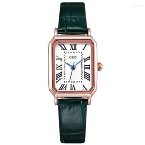 Wristwatches Women Quartz Watch Rectangular Casual Green Leather Bracelet Wristwatch Ladies Analog Clock Sport Watches For