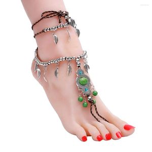 Anklets Hesiod Summer Bohemian Ankets Green Resin Stone Silver Color Tassel Barefoots Sandals Beach Women Long Foot Chain Jewelry