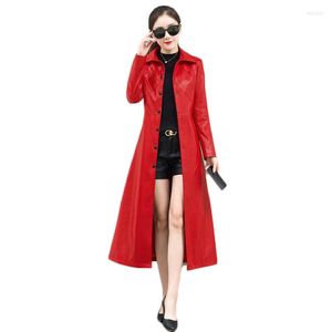 Women's Leather Women's Winter PU Jacket Red Solid Button Longline Women Coats Street Office Warm Elegant Lady Outwear