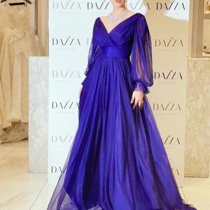 Puff Long Sleeve Prom Dresses A-Line Royal Blue Formal Evening Gowns Floor Length Simple Elegant Satin Tulle Special Occasion Wear For Women 2023 Arabic