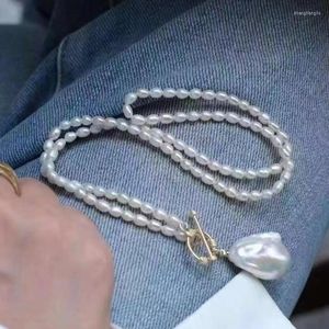 Anhänger Halsketten 2022 Sommer Natürliche Reis Perle Handgemachte Halskette mit Großen Barock Weiß/Rosa/Lavendel Frauen Schmuck PNZ5