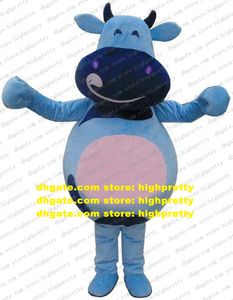 Komisches Maskottchen Kostüm Blau Bullen Ochsen Kuh Rinder Kalb Cartoon Charakter Maskottchen Erwachsener großer lächelnder Mund rosa Fettbauch Nr. Zzz2245