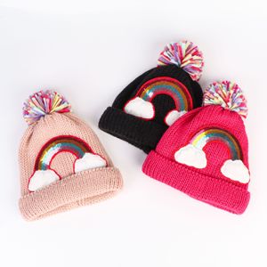 winter children's knitted hat warm rainbow embroidered baby wool hat Pure cotton lining