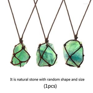 Naszyjniki wiszące naturalny kryształowy niebieski zielony fluoryt naszyjnik ręcznie tkany zabytkowy kamień geometryczny kształt 81 cm długość