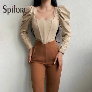 T-shirt femminile Spifore Spifore Vintage Square Collar Irregolare Corsetto a scarpone da pittura Women Top Khaki Black Bianco Casualmente Casualmente T-shirt Elegante T220923