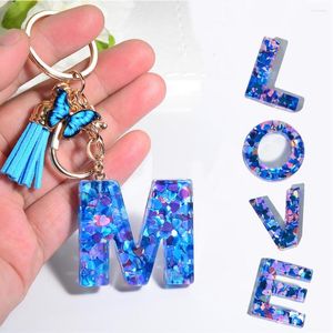 Keychains Fashion 26 Letter Acrylic Keychain with Blue Farterfly Pendant Heart Sequin Filled Tassel A-Z Initials Keyring Bag Ornament Gift