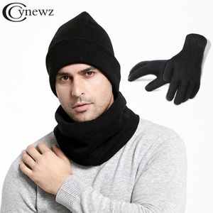Five Fingers Gloves PiecesSet Men Winter Hats Scarves Gloves Set Fashion Knitted Plus Velvet Hat Scarf Set Kit Male Beanies Scarf Glove J221031
