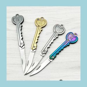 Keychains Lanyards Key Shape Mini Folding Knife Outdoor Saber Pocket Fruit Mtifunctional Chain Swiss SelfDefense Knives EDC Tool D DHGF3