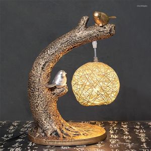 Table Lamps Chinese Retro Bird Lamp LED Tree Lights Indoor Wood Woven Lampshade Vintage Decor Light Fixtures Mesa Luz