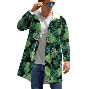 Herrgravrockar tropiska palmbladgr￶nt tryck vintage casual vinterjackor mens l￥nga vindbrytare design stor storlek huva kl￤der