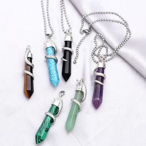 Gemstone Hexagon Bullet Netclace Crystal Natural Fendant Amethyst Blue Fringquoise Malachite Green Aventurine Snake Wrap Silver Choker Jewelry