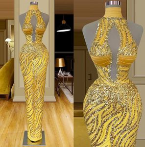 Bright Yellow Halter Prom Dresses Sleeveless Mermaid Party Dresses Sequins Floor Length Custom Made Evening Dress