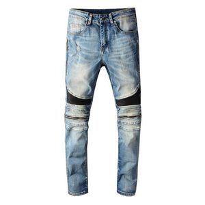 Men's Jeans Sokotoo Men's PU leather patchwork biker jeans Zippers retro light blue stretch denim slim pants T221102