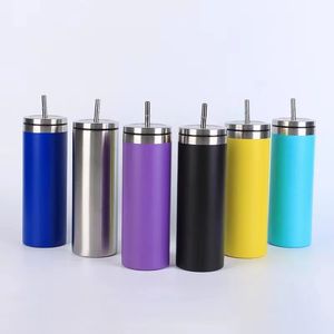 20oz Powder Coated Straight Tumbler with metal Lid and Straw Skinny Tumbler Stainless Steel Travel Mug Vacuum Insulated Beer Coffee Mugs