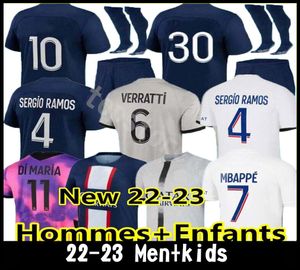 Jogador 30 10 Mbappe 7 Camisa de Futebol Hakimi Sergio Ramos Sanches Psgs 2022 2023 Camisa de Futebol 23 Masculino Kids Kit Uniforme infantil