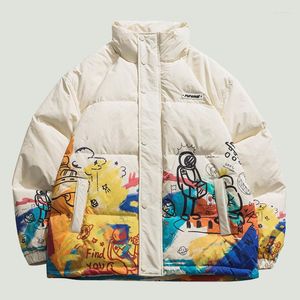 Men's Down Hip Hop Fun Painting Cartoon Print Parkas Mens Winter Cotton Padded Warm Harajuku Streetwear Oversize Loose Coats Unisex Jackets