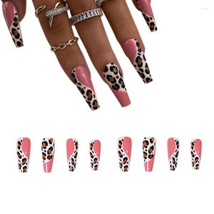 False Nails 24pcs Pink Leopard Press On Nail French Long Coffin Fake Artificial Full Cover Art Tips Tool