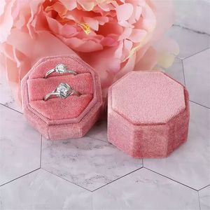 Caixa de anel duplo de veludo Caixa de casamento oct￳gono Caixas de anel de joias Pacote de breolas de armazenamento de j￳ias