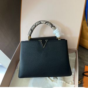 27 سنتيمتر رفرف حقيبة ساعي سيدة حقائب اليد النساء Crossbody حقائب كتف محفظة نقود معدنية حبيبية بقرة جلد طبيعي ثعبان مقبض قابل للإزالة حزام مصمم حقائب اليد محافظ