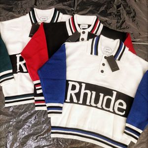 Мужские свитера модный бренд Rhude Жаккард буквы контрастной кнопка воротника Поло свитер.