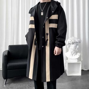 Men's Trench Coats 2022 New Autumn Men's Windbreaker Patchwork Color Medium Long Trenchcoat Korean Fashion Covered Button Male Hooded Trench Jacket T221102