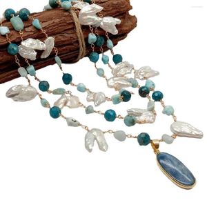 Correntes Kkgem Natural 13x26mm Colar de pingente de cianita 3 fios 15x18mm Keshi Pearl Larimar Apatite Wrap Declaração 17 ''