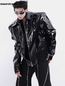 Men's Leather Faux Leather Mauroicardi Spring Autumn Loose Black Shiny Reflective Patent Leather Jacket Men Long Sleeve Zipper Oversized Designer Clothes T221102