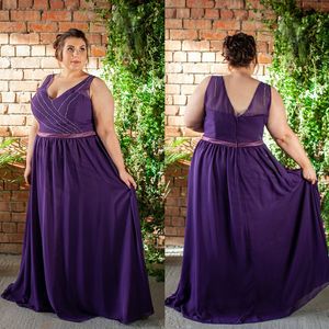 Abiti per la madre della sposa con perline viola con scollo a V Una linea di abiti da sera Abito da cerimonia nuziale in chiffon di lunghezza del pavimento