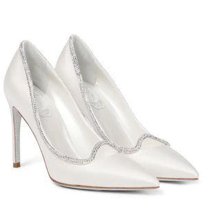 Designer-Abendschuhe, Pumps für Hochzeit, Braut, weißes Satinleder, Damen-High-Heels, spitze Pumps mit Strasssteinverzierung, Luxusmarke RC Rene, super Qualität, Geschenk