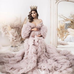 2023 Ruffles Sexy Prom Dresses Tulle Kimono Women Robe for Photoshoot Off Shoulder Puffy Sleeves Evening Gowns African Cape Cloak Maternity Dress Photography