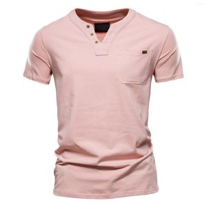 Camisetas masculinas de manga longa masculina moda casual cor sólida algodão V botão de bolso pesco