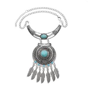 Choker Gypsy Vintage Necklace For Women Green Black Acrylic Stone Feather Metal Tassel Round Silver Statement Jewelry