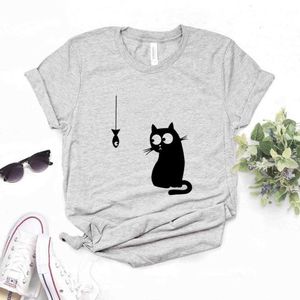 Gato e tee peixe impress￣o feminina tshirts Casual Camiseta Casual para Lady Yong Girl Top 6